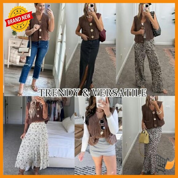 Sleeveless Sweater Vest Cropped Cable Knit Button Front Loose Fit - Picture 7 of 8